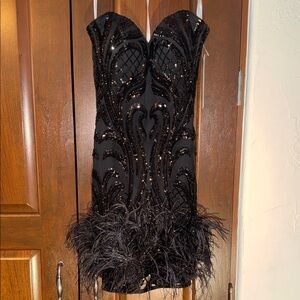 Jovani 23060 mini sequin & feather black dress sz 2 nwt $627